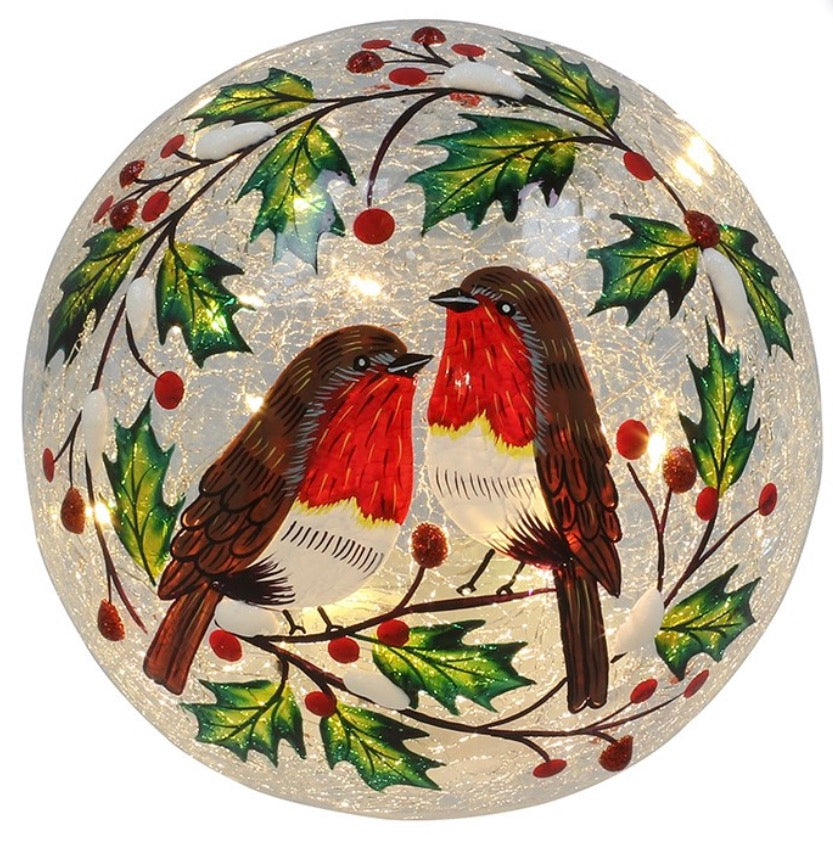 Xmas Crackle Holly Wreath Robin LED Ball Large