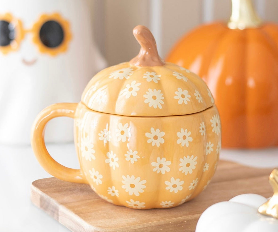 GROOVY FLORAL PUMPKIN LIDDED MUG