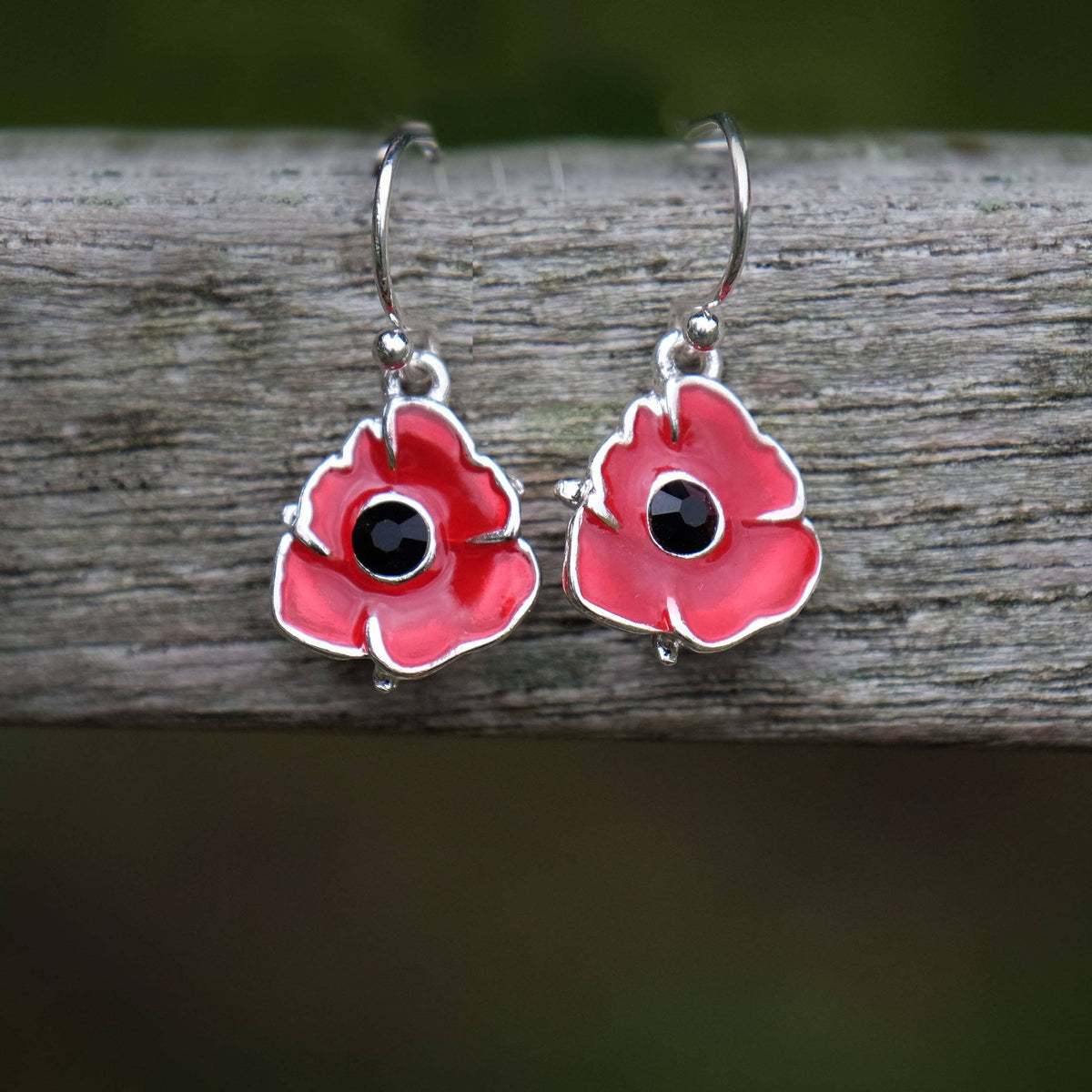 Poppy Red Flower Dangly Earrings, Silver Plated