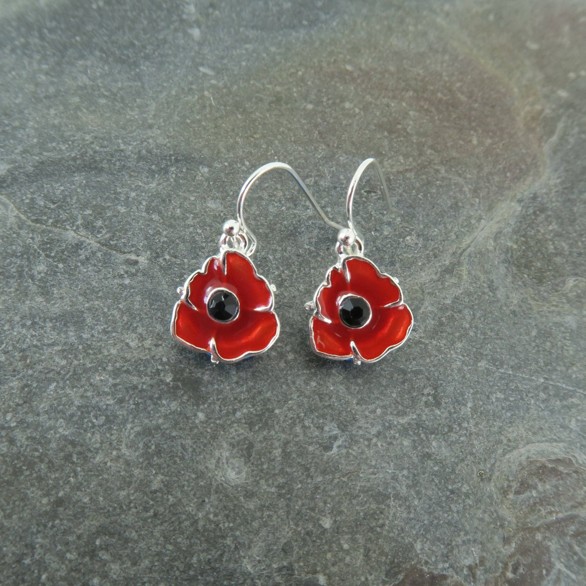 Poppy Red Flower Dangly Earrings, Silver Plated