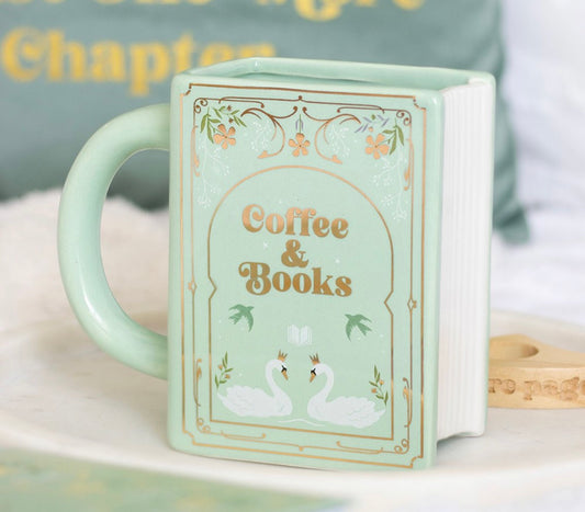 COFFEE AND BOOKS GREEN BOOK SHAPED MUG