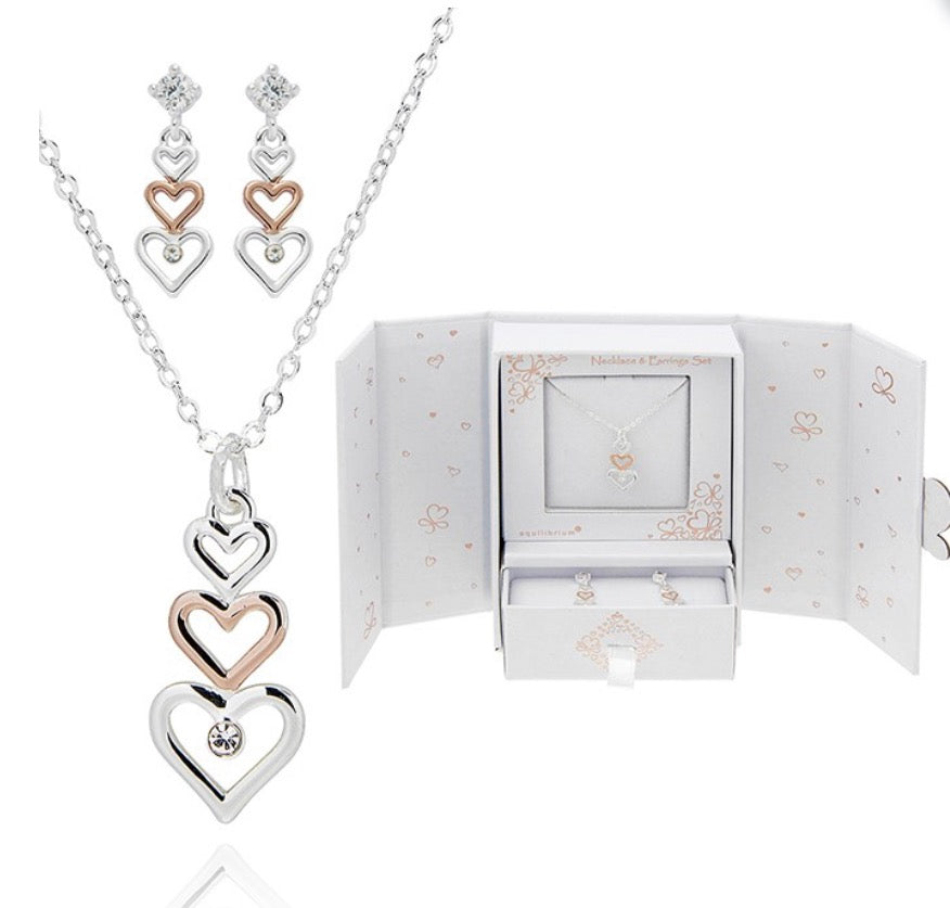 Gift Set Two Tone 3 Hearts Necklace & Earrings