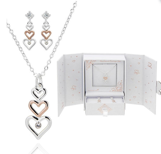 Gift Set Two Tone 3 Hearts Necklace & Earrings