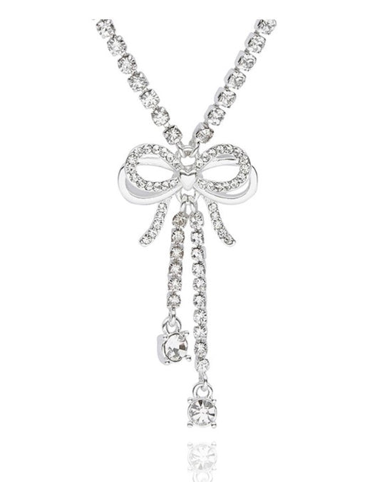 Eternal Bow Double Sparkle Bow Silver Plated Necklace