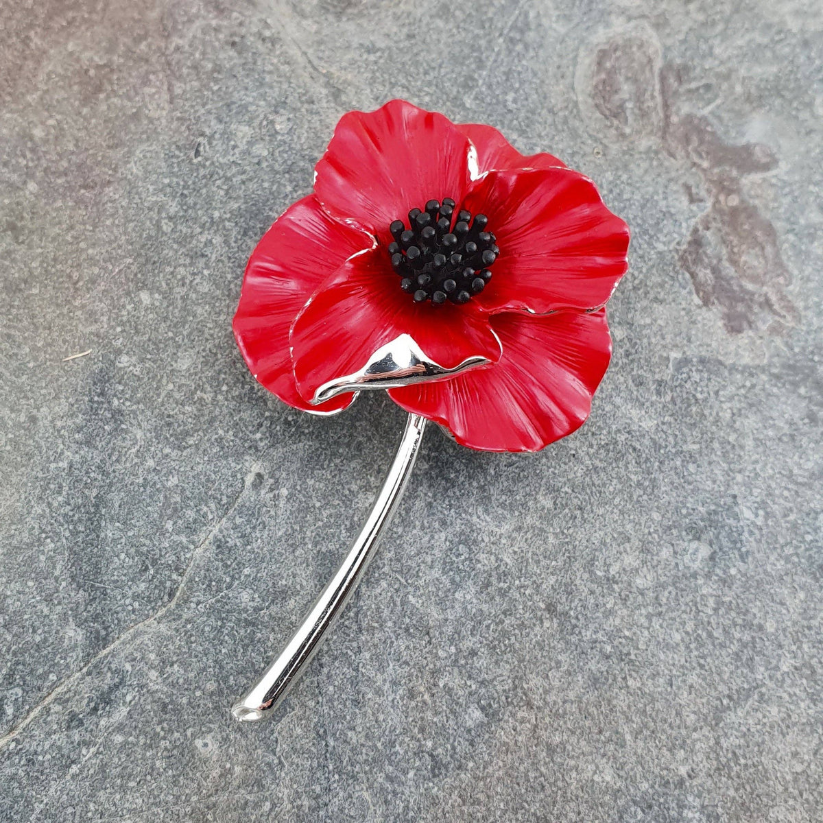 Poppy Red Flower Brooch, Silver Plated