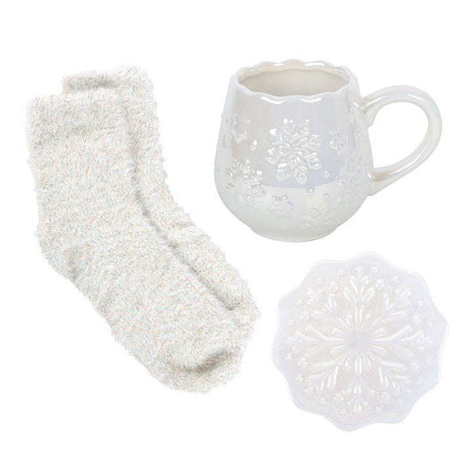 Iridescent Snowflake Mug, Coaster and Socks Set
